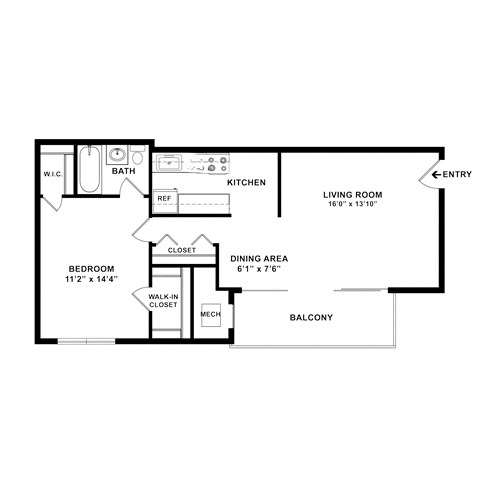 Floor plan for 1 bed, 1 bath, 609 sqft